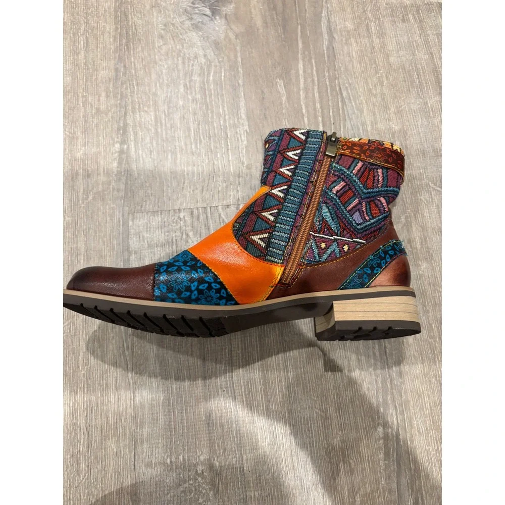 Bohemian Ankle Boots, Leather Accent, Colorful Fabric, Lace-Up, Side Zip‎ Sz 40